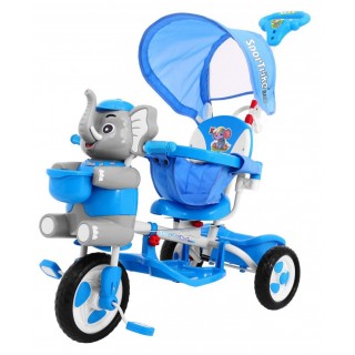 3-wheeled Blue Elephant Children's Bike + Sounds + Roof + Barrier + Footrest + Handle + Storage