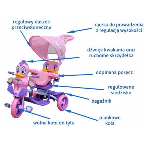 3-wheeled Purple Duck Kids Bike + Sounds + Roof + Barrier + Footrest + Handle + Storage