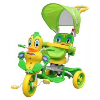 3-wheeled Green Duck Children's Bike + Sounds + Roof + Barrier + Footrest + Handle + Storage
