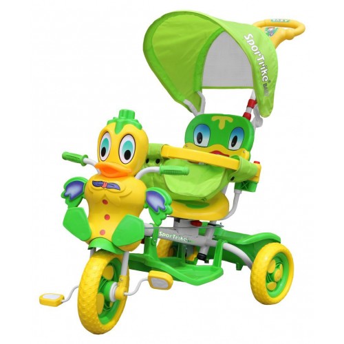 3-wheeled Green Duck Children's Bike + Sounds + Roof + Barrier + Footrest + Handle + Storage