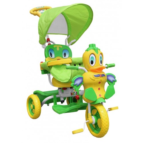 3-wheeled Green Duck Children's Bike + Sounds + Roof + Barrier + Footrest + Handle + Storage
