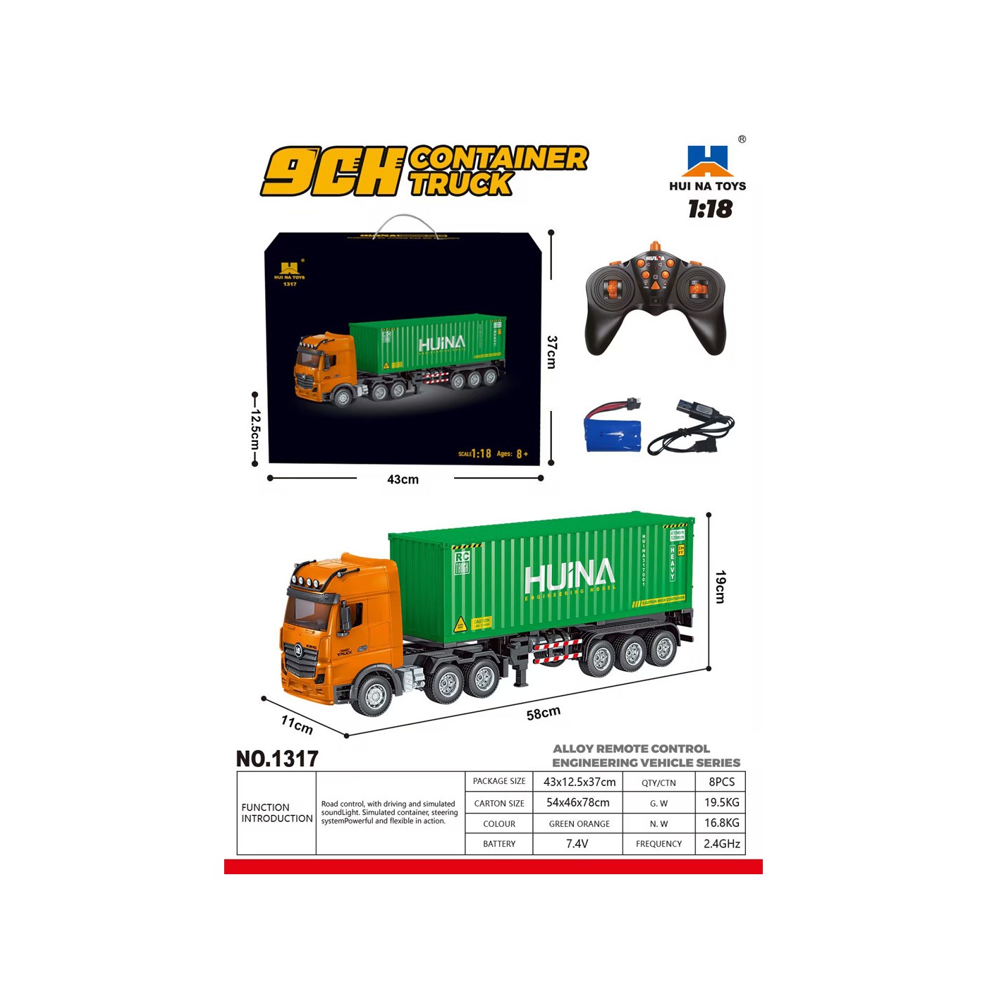 R/C Truck + Container Green 1:18