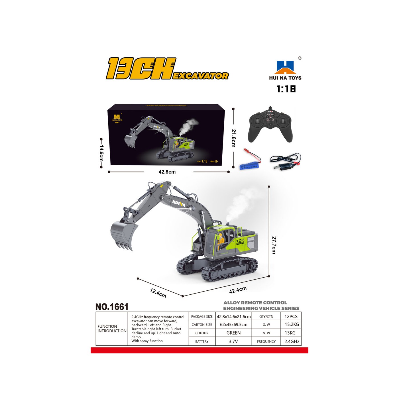 R/C Excavator Green/Gray with Smoke Function 1:18