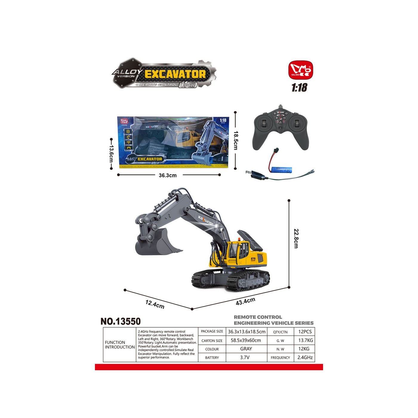 R/C Excavator Yellow/Gray 1:18