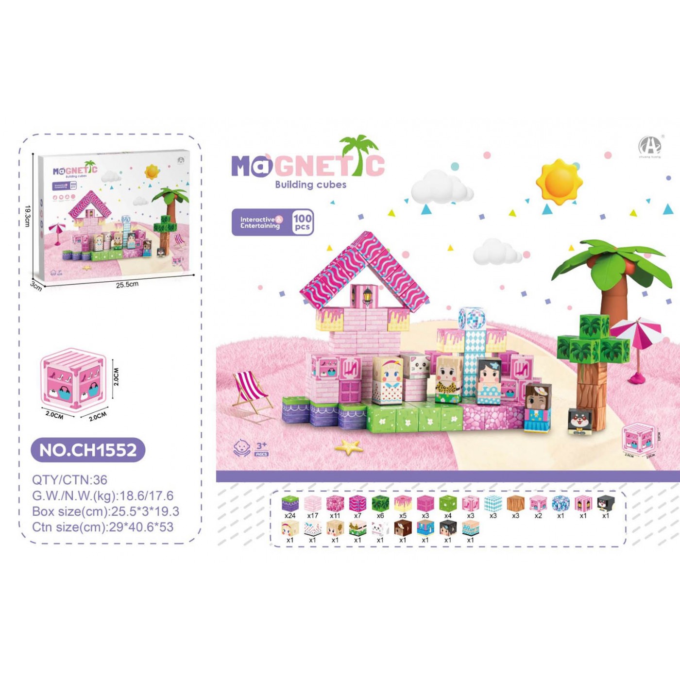 Magnetic Cubes Set, Magnetic bricks 100el.