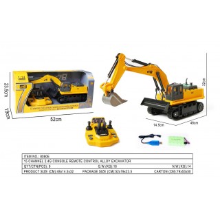 Yellow R/C excavator with control panel