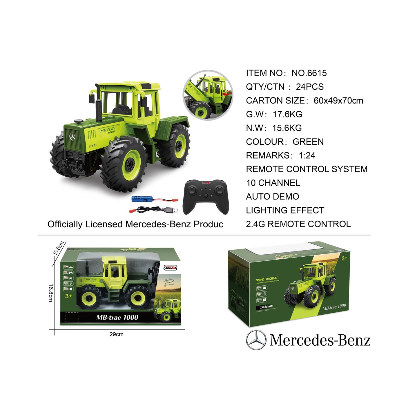 Tractor Green 1:24 with remote control Mercedes Benz