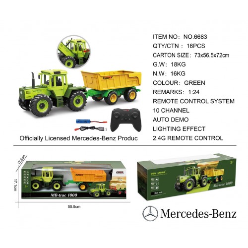 Green tractor 1:24 with remote control Mercedes Benz + Yellow trailer