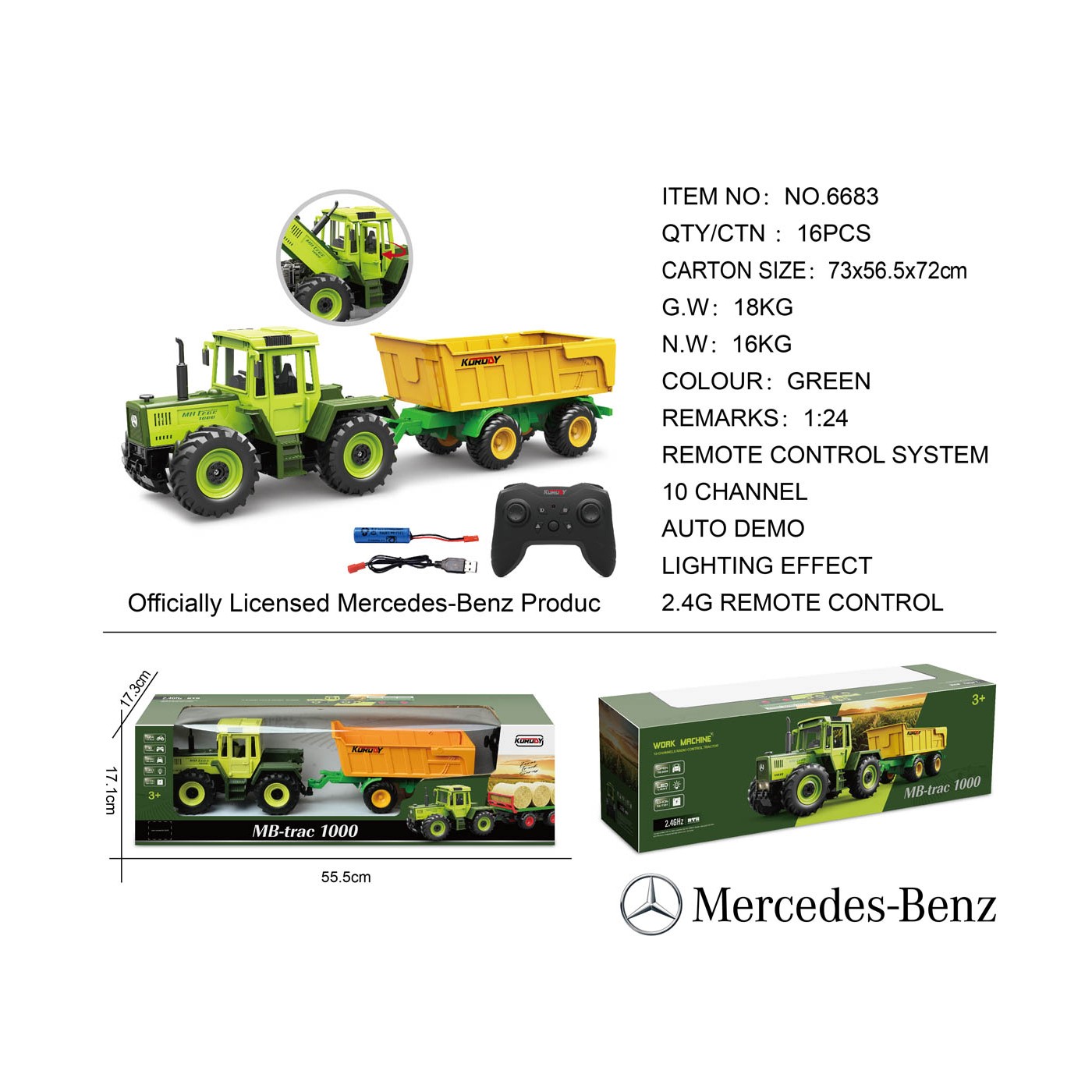 Green tractor 1:24 with remote control Mercedes Benz + Yellow trailer