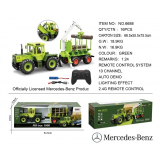 Green tractor 1:24 with remote control Mercedes Benz + Wooden trailer with crane