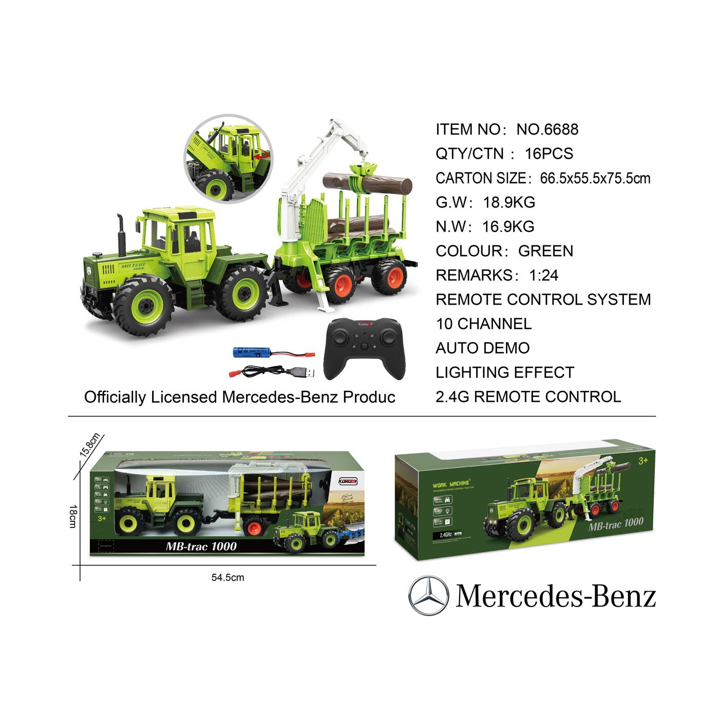 Green tractor 1:24 with remote control Mercedes Benz + Wooden trailer with crane