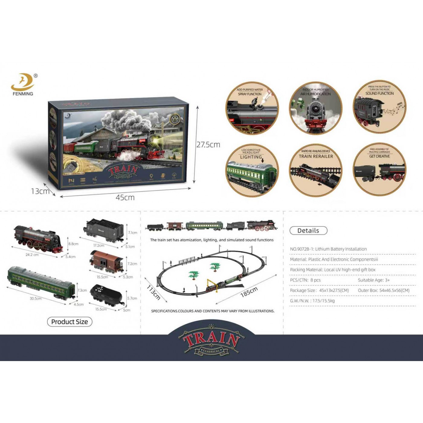Retro train with Smoke, Sound and Lights 185x113 cm