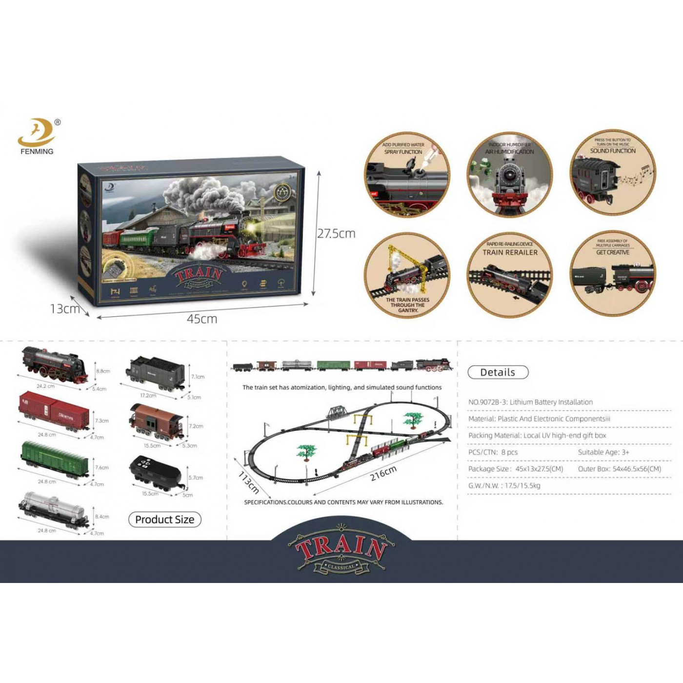 Retro train with Smoke, Sound and Lights 216x113 cm + Accessories
