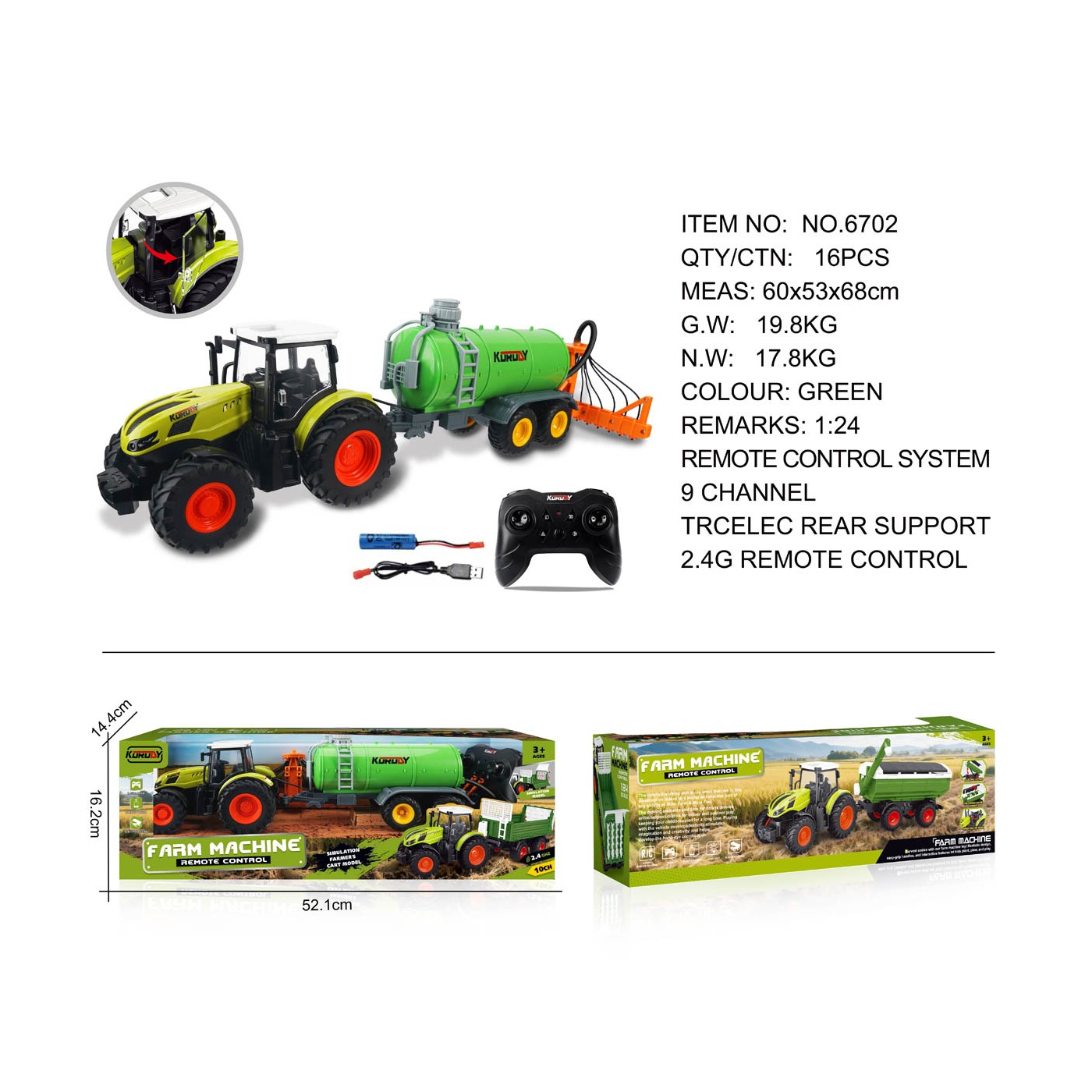 Green Barrel Tractor R/C 1:24