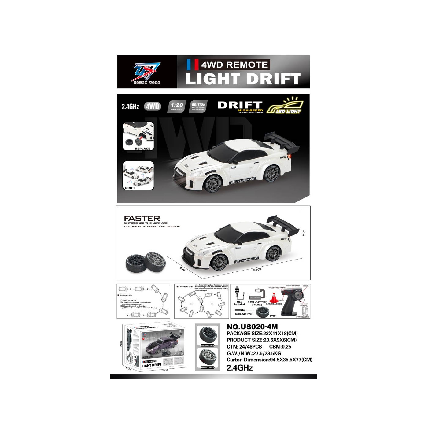 R/C Drift Car 1:20 with Lights Function White