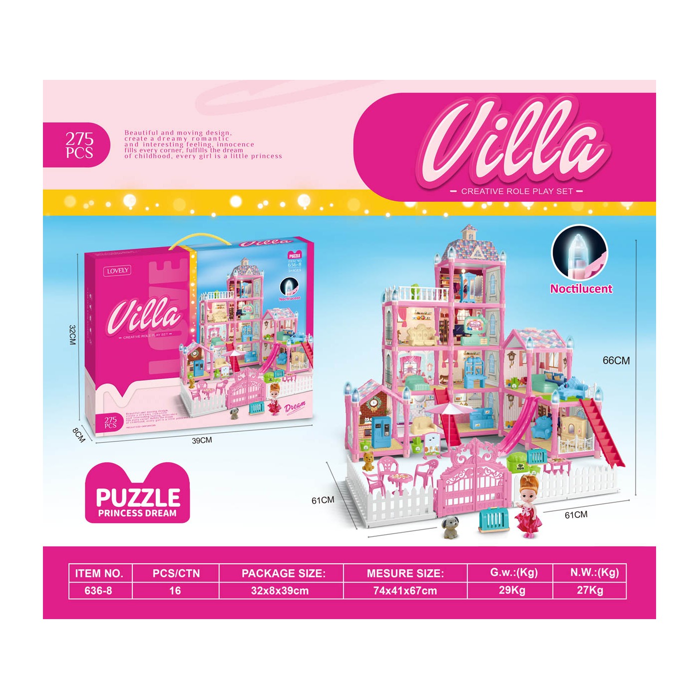 MEGA Pink Villa with Lights Function 275 pce. + Accessories