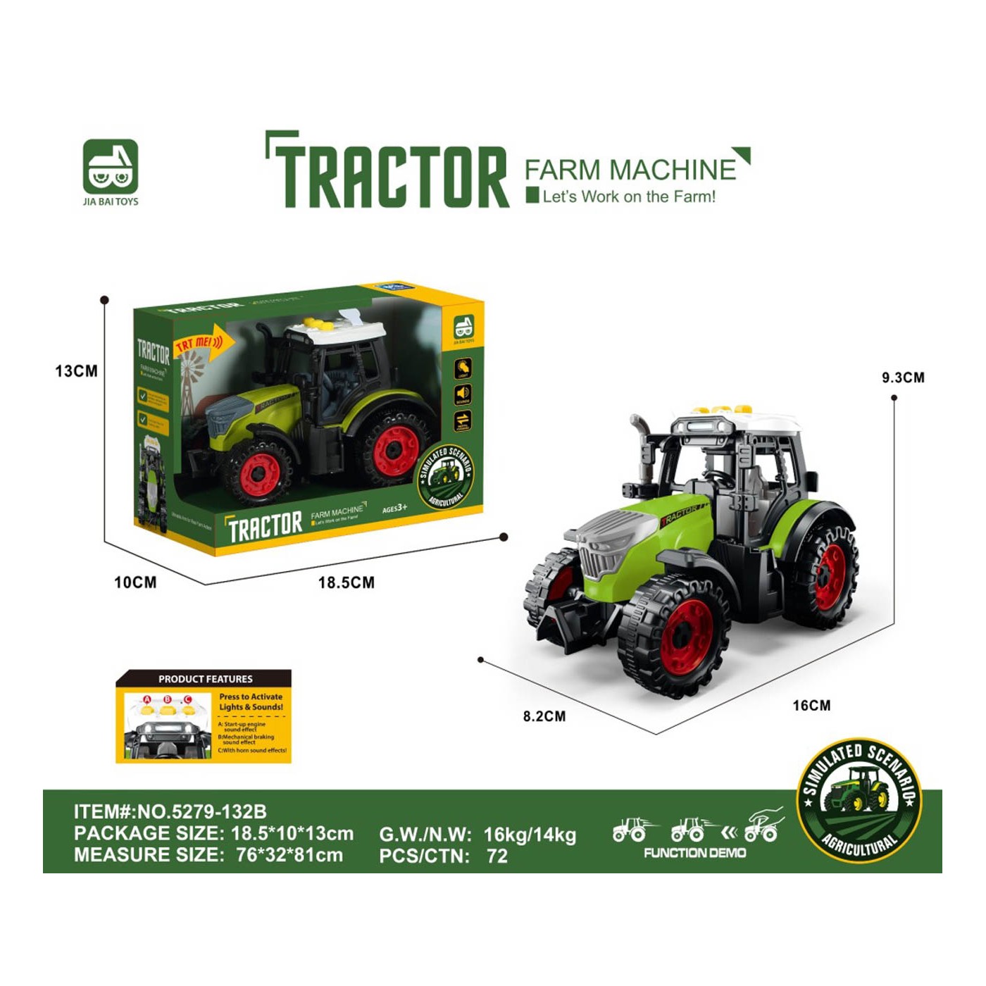 Tractor with Lights and Sound Function Bright Green