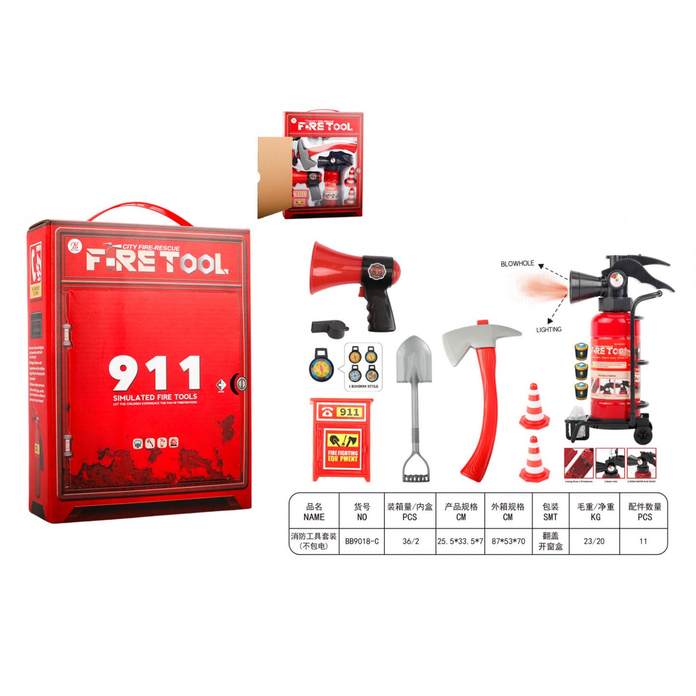 Fireman's set with fire extinguisher