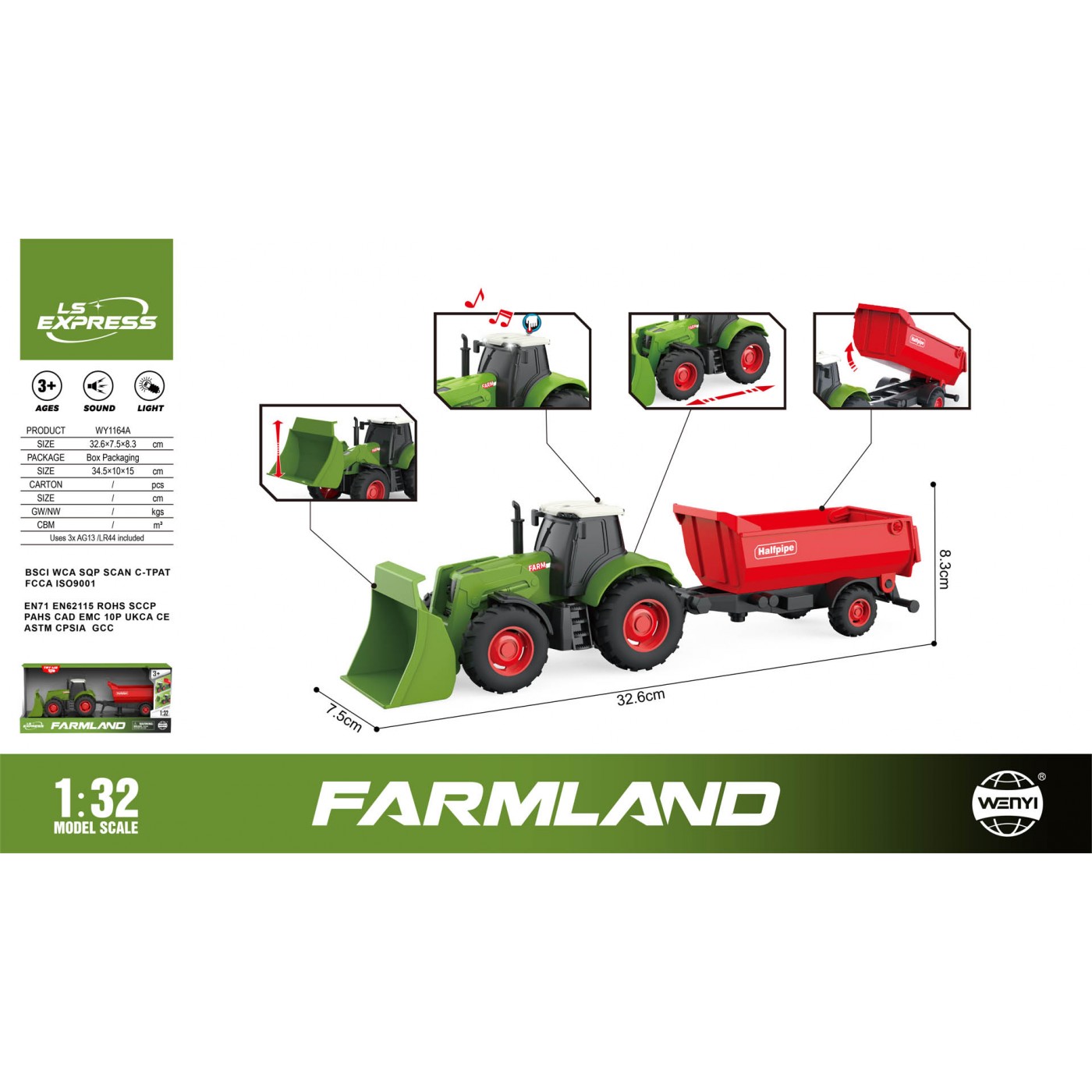Green Tractor with Lights & Sound Function 1:32 + Red Trailer