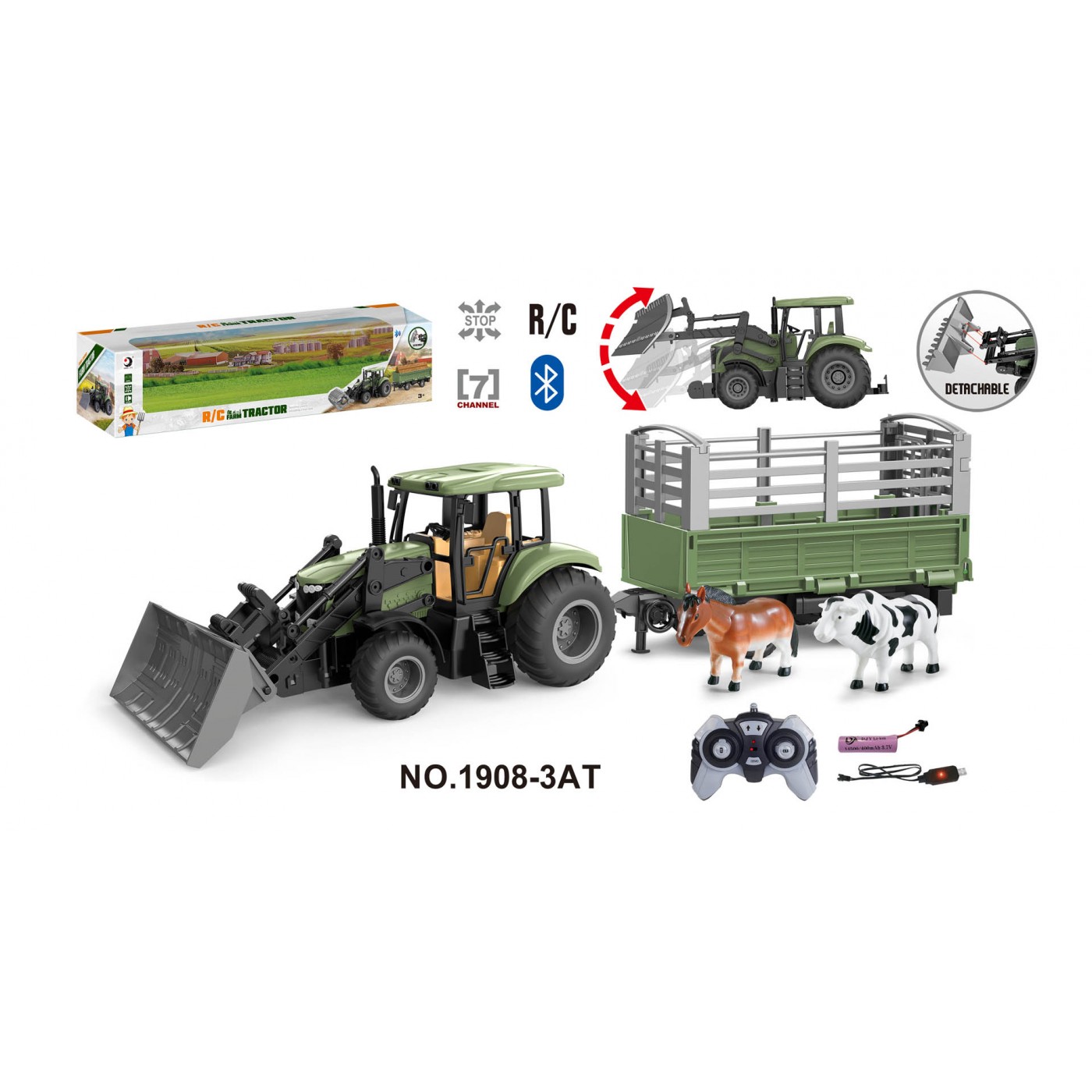 Green Tractor with Trailer R/C 1:20 + Animals