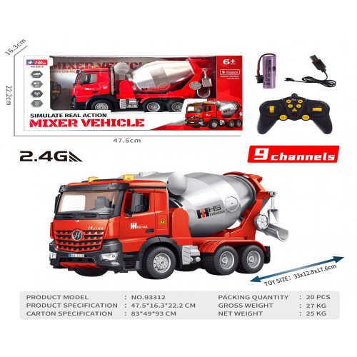 Red R/C concrete mixer with lights and sound function