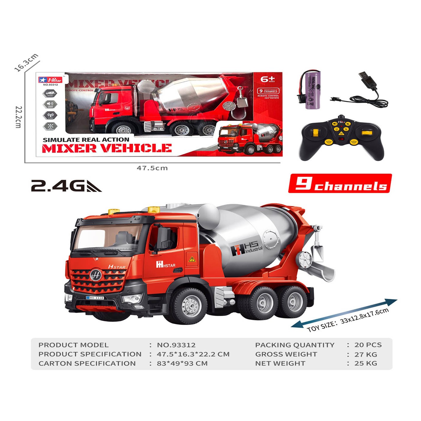 Red R/C concrete mixer with lights and sound function