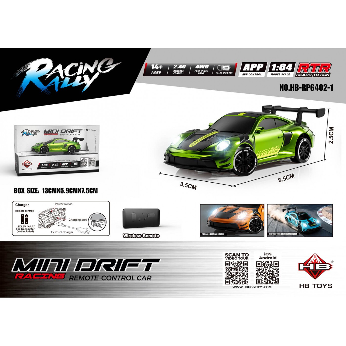 R/C car for MINI Drift 1:64 SmokeRacer Green