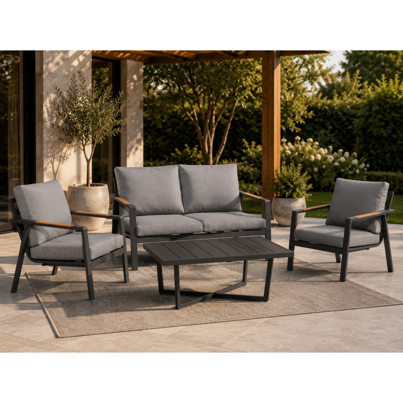Aluminum Garden Furniture Sofa + Two Armchairs + Table